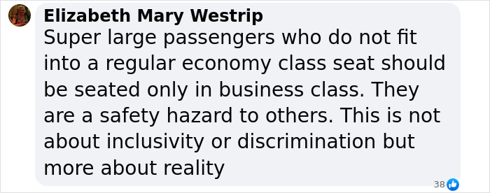 Comment about plus-size passengers and seating in economy class.