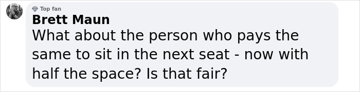 Comment criticizing the cost for plus-size passengers to fly, questioning fairness in seat space.