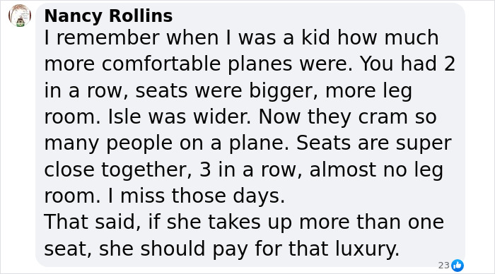 Comment criticizing plus-size woman for not paying extra for plane seat.