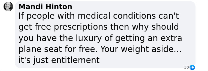 Plus-size woman addresses troll demanding extra payment for flights.