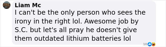 Comment praising Steve Carell's help for teen victims after LA fires, with humor about outdated lithium batteries.