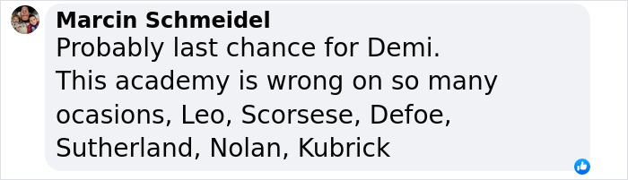 Text exchange discussing Demi Moore's Oscar loss and criticizing the Academy.