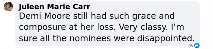 Text about Demi Moore's reaction after losing to Mikey Madison, highlighting grace and composure.