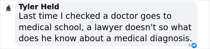 Text comment questioning lawyer's medical knowledge amidst internet outrage. Text comment questioning lawyer's medical knowledge amidst internet outrage.