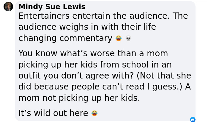 A social media user's comment criticizing opinions on Kylie Jenner's revealing dress for school pickup.