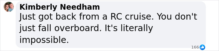 Kimberly Needham comments skeptically on the reported cruise ship fall incident.