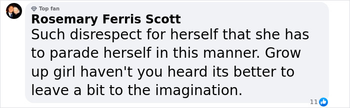A comment criticizing a woman for her photo shoot choices, suggesting she lacks self-respect and should be more modest. A comment criticizing a woman for her photo shoot choices, suggesting she lacks self-respect and should be more modest.