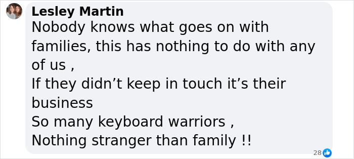 Comment discussing family dynamics and privacy in response to Gene Hackman's daughter's situation.