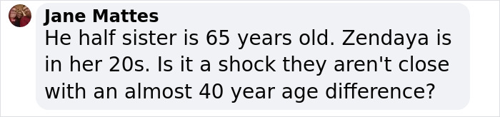Comment discussing Zendaya's relationship with half-sister amid family rift.