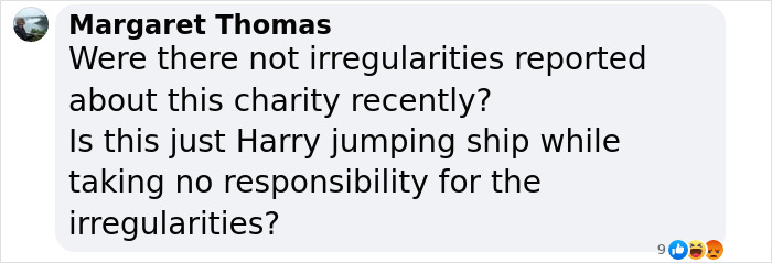 Comment questioning Prince Harry's departure from charity amid bullying accusations.