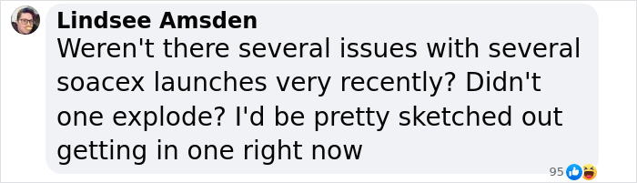 Comment questioning recent SpaceX launch issues, expressing concerns about safety.