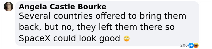 Comment discussing SpaceX's role in returning NASA astronauts from the ISS, with a sarcastic tone.