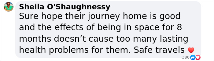 Comment expressing hope for a safe return of astronauts from ISS after 8 months in space.