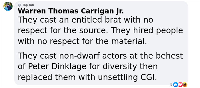 Facebook comment criticizing Disney's casting choices and CGI in the Snow White remake amid controversies.