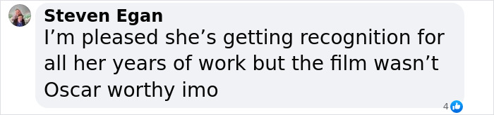 Text message stating opinion about an Oscar film's worthiness, mentioning recognition for past work.