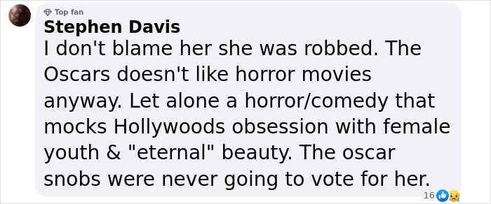 Comment on Oscars, mentioning horror/comedy, obsession with youth and beauty, and Oscar snubs.