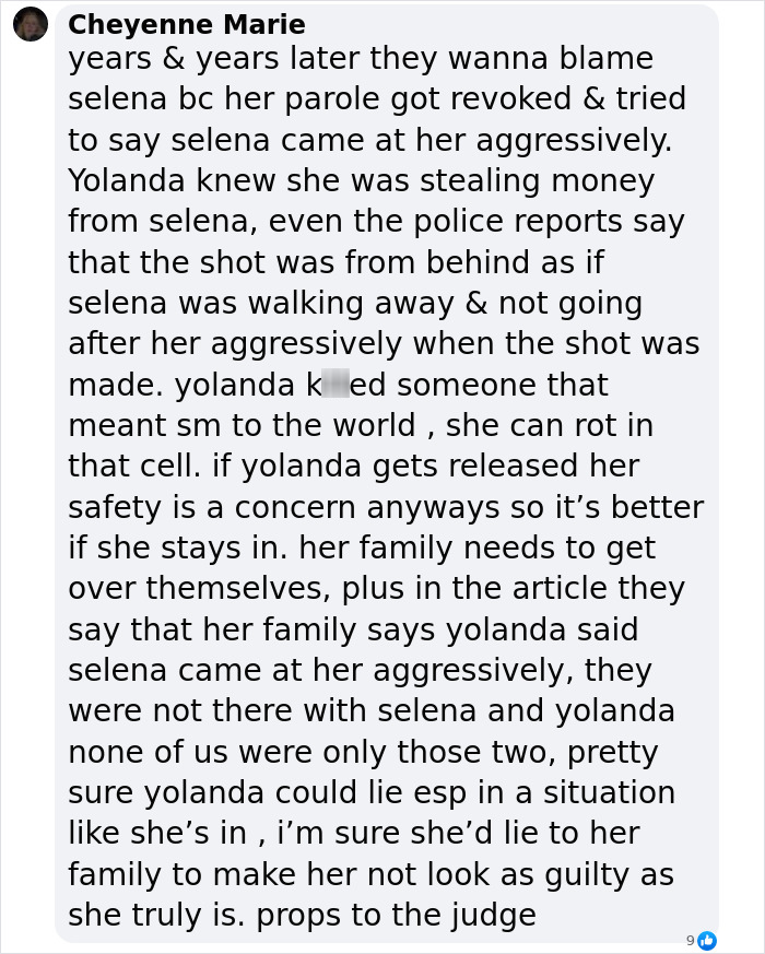 Comment on the denial of parole for the woman who assassinated pop star Selena, discussing blame and family statements.