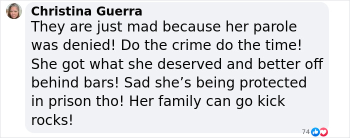 Comment on parole denial for Selena's assassin, expressing satisfaction with the decision.