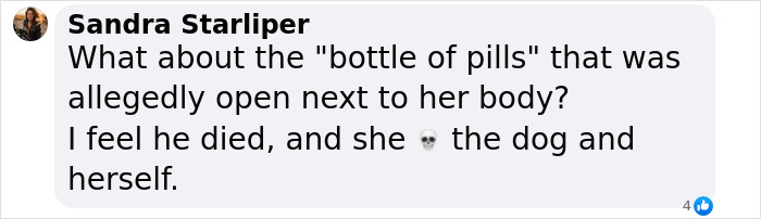 Sandra Starliper commenting on theory regarding Gene Hackman's passing, mentioning pills and a dog.