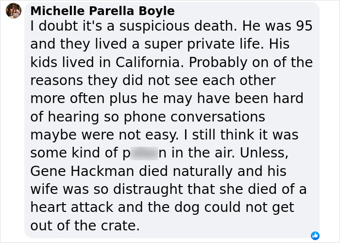Comment by Michelle on heart-related theory for the passing of Gene Hackman and wife.