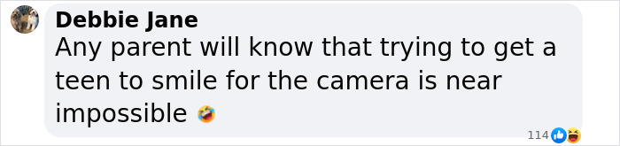 Text exchange about Naomi Watts' daughter's expression, highlighting challenges of making teens smile for the camera.