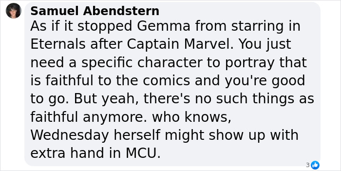 Comment discussing Marvel, comics, and MCU character adaptation.