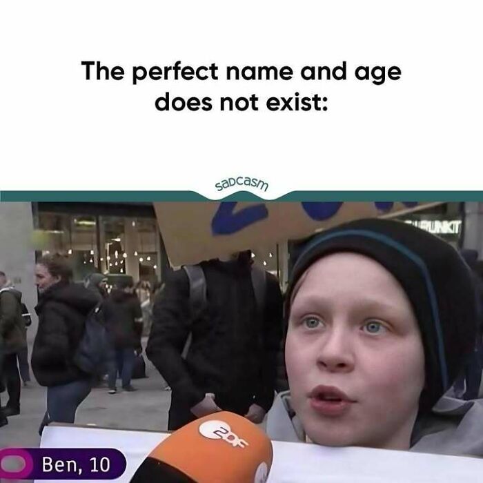 Young boy in beanie holding a sign on street, featured in a sadcasm meme with humorous caption.