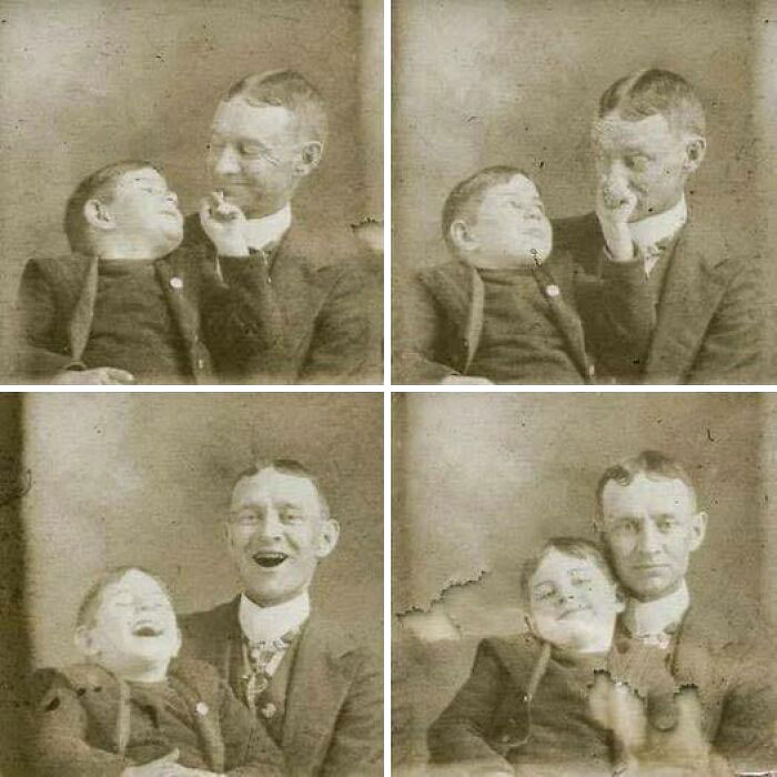 Vintage photo booth images showing a man and child having fun, capturing a moment from history.