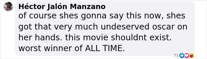 H&eacute;ctor comments on Zoe Salda&ntilde;a, criticizing her Oscars apology as "undeserved" and "worst winner.