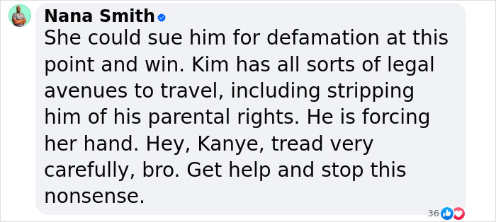 Social media comment discussing Kanye, Kim, and legal issues related to defamation and parental rights.