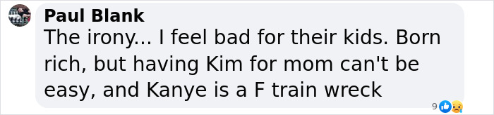 Text conversation commenting on Kanye, Kim, and their children's situation.