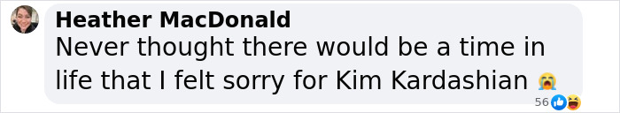 Heather MacDonald expressing sympathy for Kim Kardashian in a social media comment.