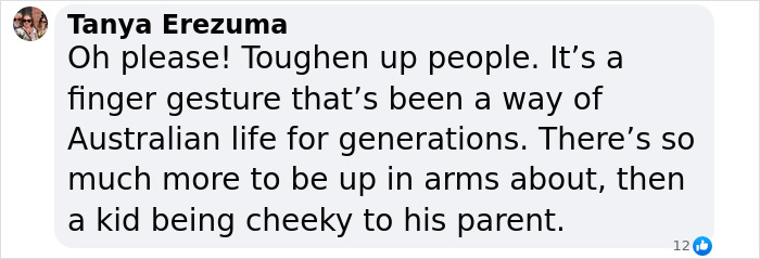 Comment discussing Chris Hemsworth, mentioning Australian culture and a finger gesture, defending a child's behavior. Comment discussing Chris Hemsworth, mentioning Australian culture and a finger gesture, defending a child's behavior.