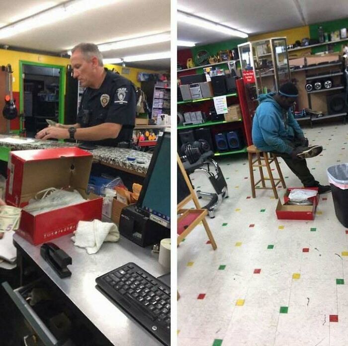 Police officer helping a man try on new shoes in a store, showcasing a positive and uplifting moment.