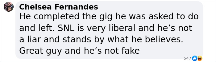 A social media comment about Morgan Wallen leaving the SNL stage, discussing honesty and beliefs.