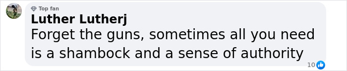 Comment praising Irish horse carriage driver with humorous remark, suggesting a sense of authority with a shambock.