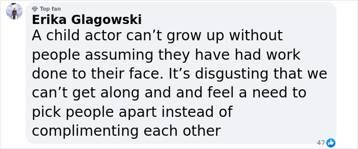 Comment on bullying of young actors for their looks, stating it's unfair and judgmental. Comment on bullying of young actors for their looks, stating it's unfair and judgmental.