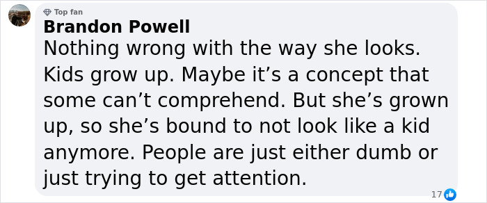 Social media comment supporting Millie Bobby Brown's defense against bullying over her looks. Social media comment supporting Millie Bobby Brown's defense against bullying over her looks.