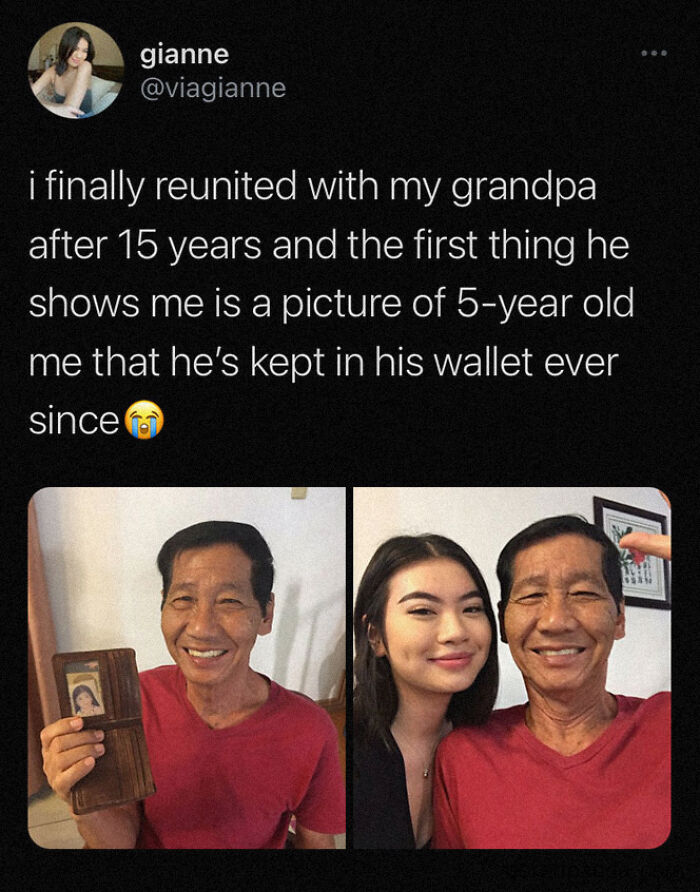 Grandfather smiling with a photo of his granddaughter, a positive and uplifting reunion after 15 years.