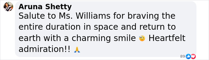 Comment praising astronaut's resilience after 9 months in space, showing admiration and a smiling emoji.