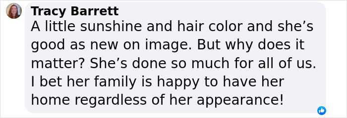 Social media comment discussing effects of being in space for 9 months; mentions sunshine and hair color.