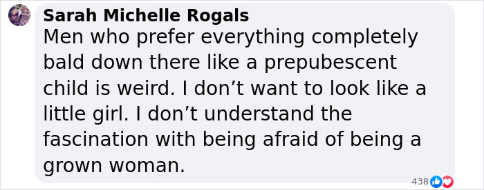 Social media comment discussing pubic hair preferences and cultural views.