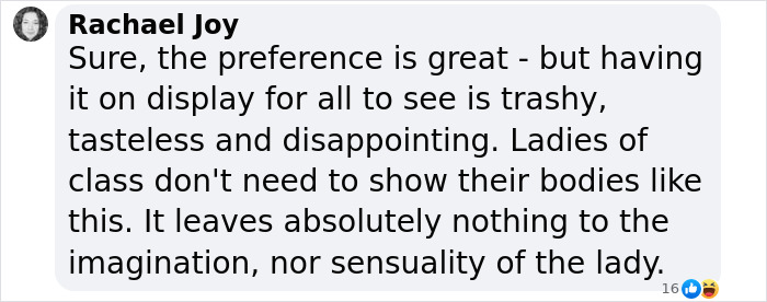 Text screenshot of a comment discussing views on public display related to pubic hair debate.