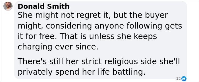 Comment discussing a woman's decision to sell her virginity for $2 million during college. Comment discussing a woman's decision to sell her virginity for $2 million during college.