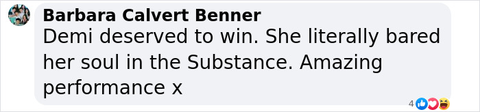 Social media comment praising Demi Moore's performance, mentioning her deserving an award.
