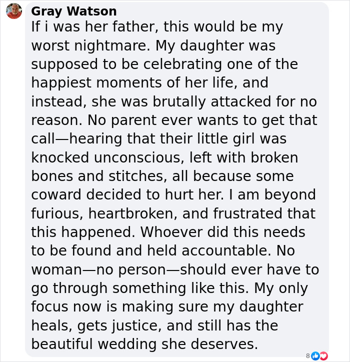 Emotional message from a father about his daughter assaulted during a bachelorette party.