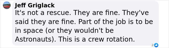 Comment discussing SpaceX and stranded astronauts, clarifying it as a crew rotation and not a rescue mission. Comment discussing SpaceX and stranded astronauts, clarifying it as a crew rotation and not a rescue mission.