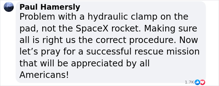 Comment addressing SpaceX rescue mission delay, noting an issue with a hydraulic clamp, not the rocket itself. Comment addressing SpaceX rescue mission delay, noting an issue with a hydraulic clamp, not the rocket itself.