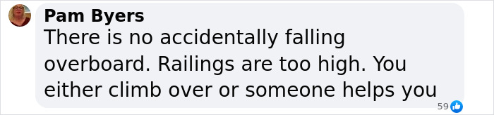 Pam Byers' comment on high cruise ship railings and falling overboard after rocker's fianc&eacute;e tragedy at sea.