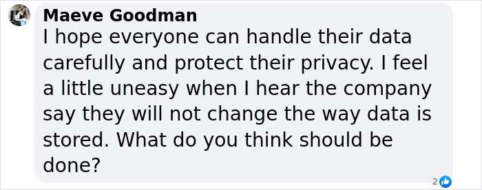 Text comment expressing concern about data privacy in relation to recent Genetics Company news.